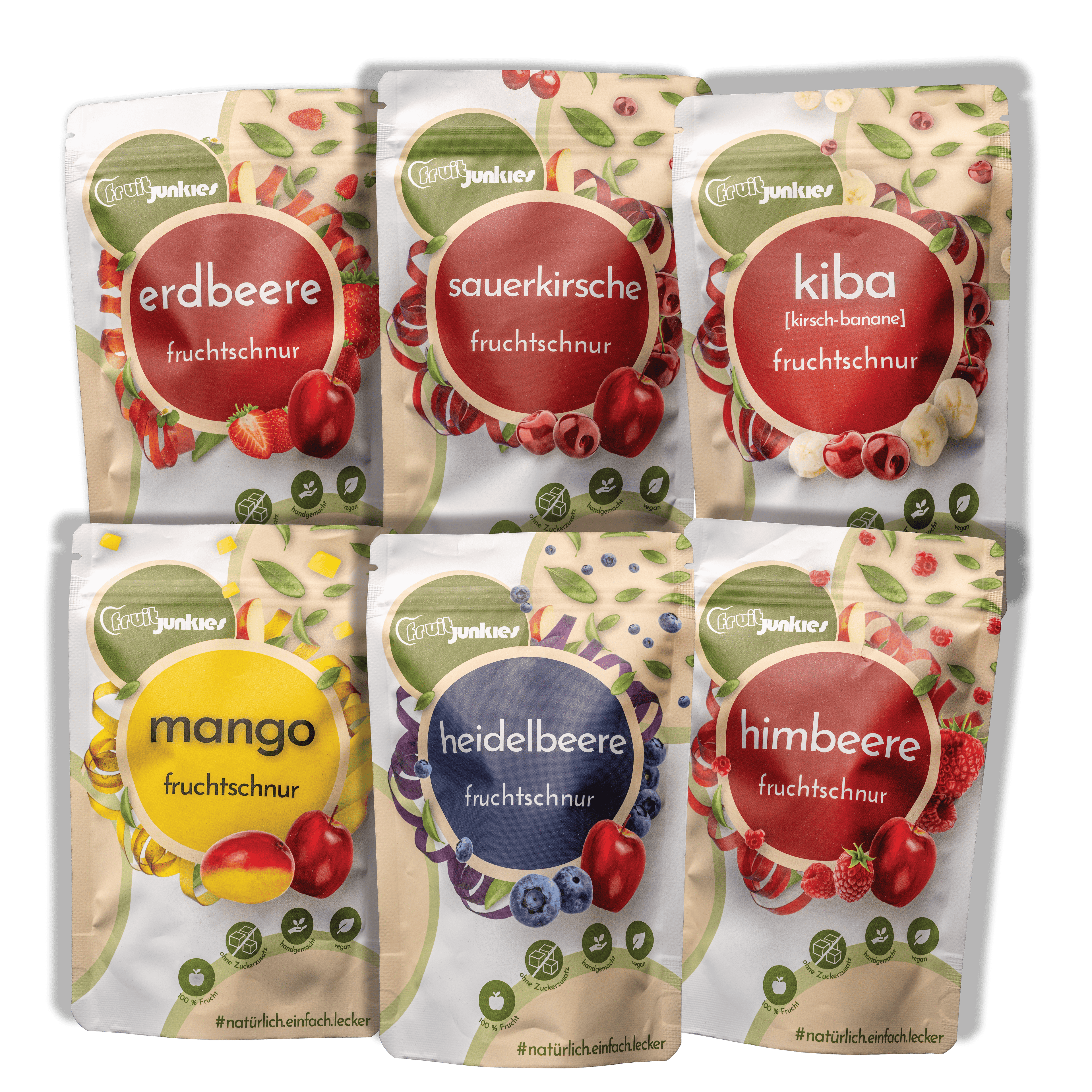 Das fruitjunkies Bundle 80g Tüten bestehend aus Mango, KiBa, Sauerkirsche, Erdbeere, Himbeere, Heidelbeere