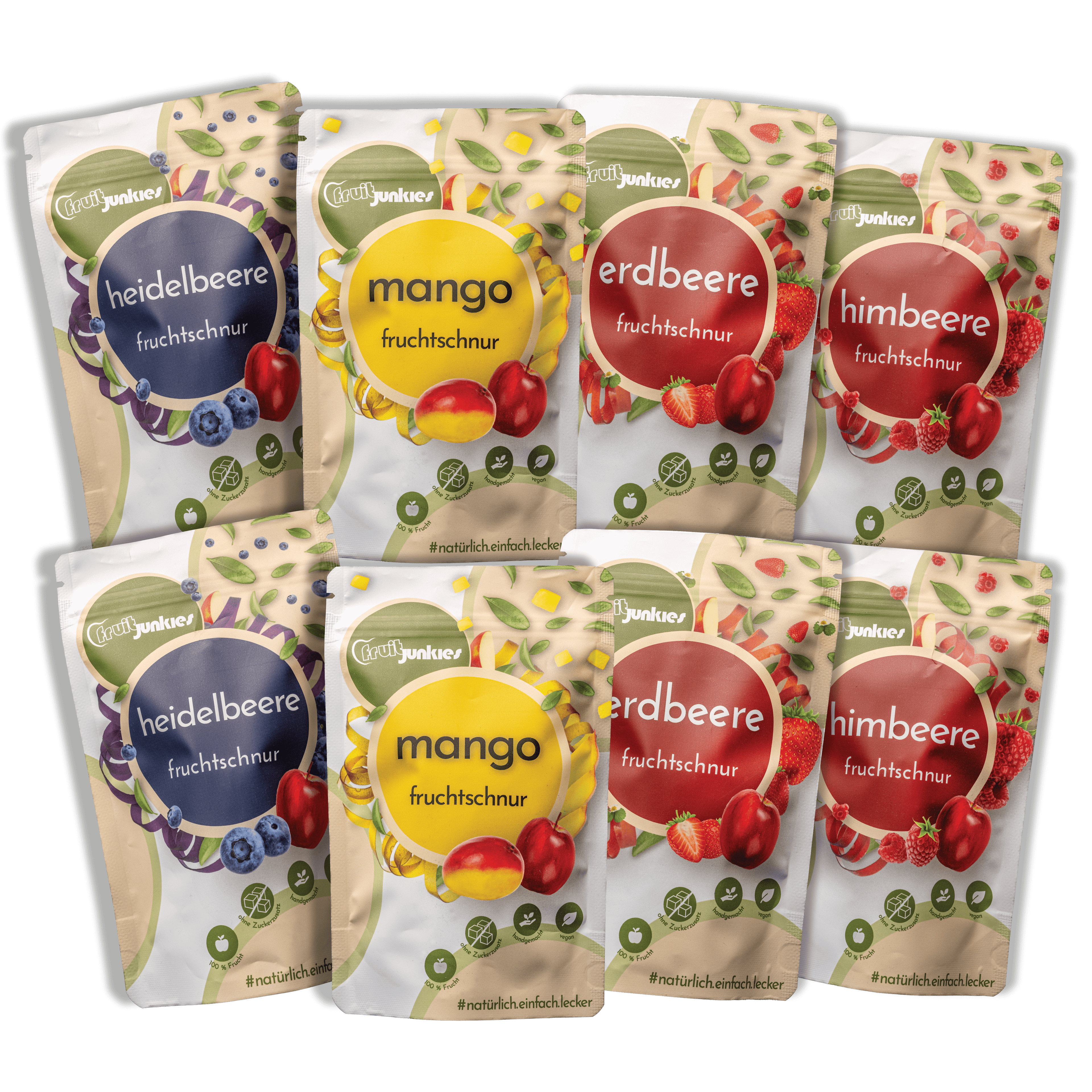 Das fruitjunkies Bundle 80g Tüten Fruchtschnüre bestehend aus je 2 mal Himbeere, Erdbeere, Mango, Heidelbeere