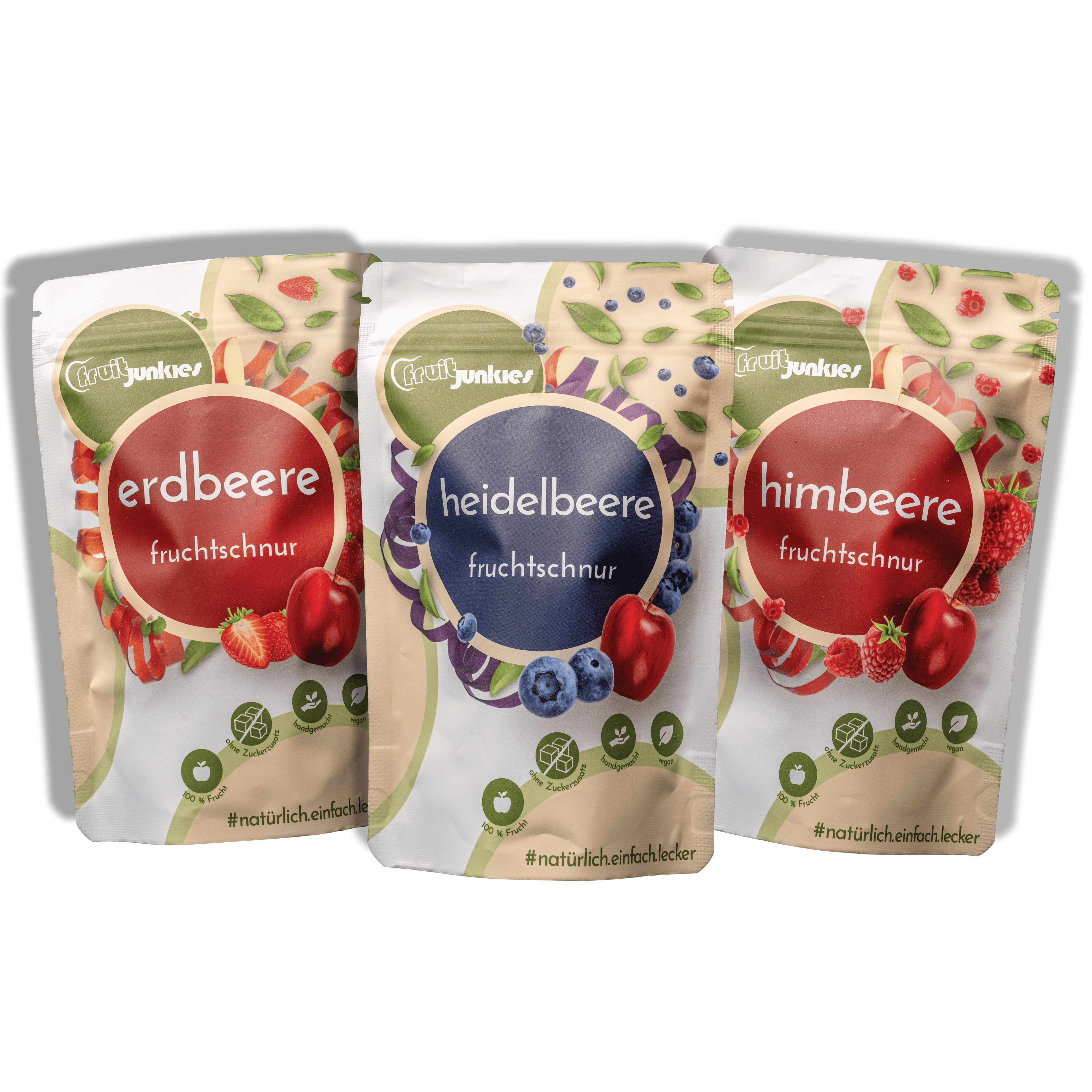 Das fruitjunkies Bundle 80g Tüten bestehend aus Himbeere, Erdbeere, Heidelbeere - das Beerenbundle
