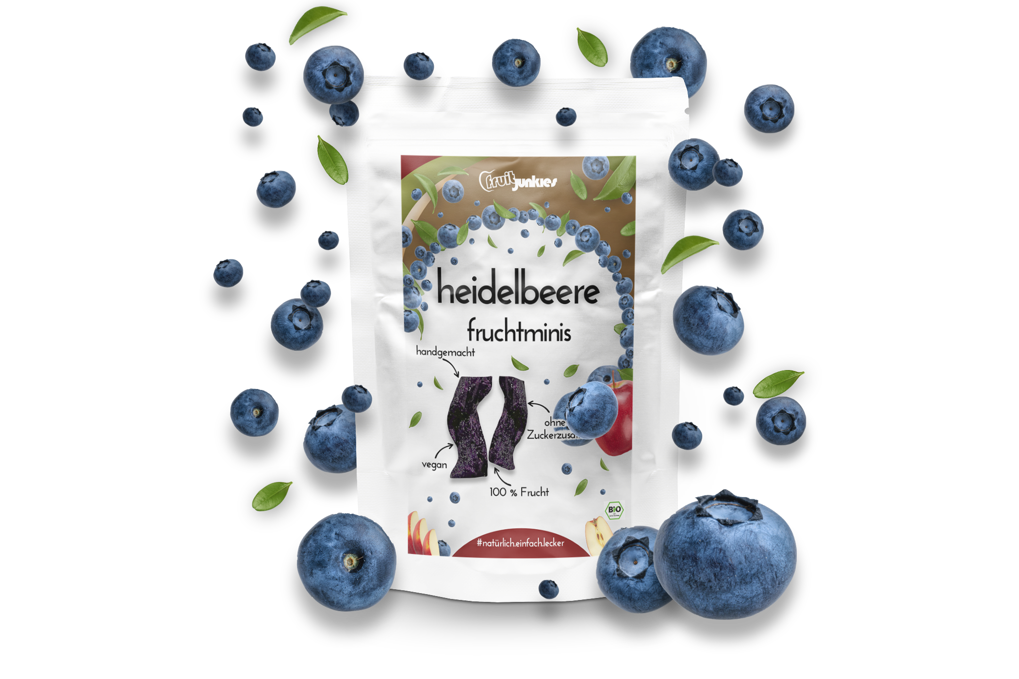 Fruchtminis Heidelbeere in einer Tüte mit schwebenden Heidelbeeren