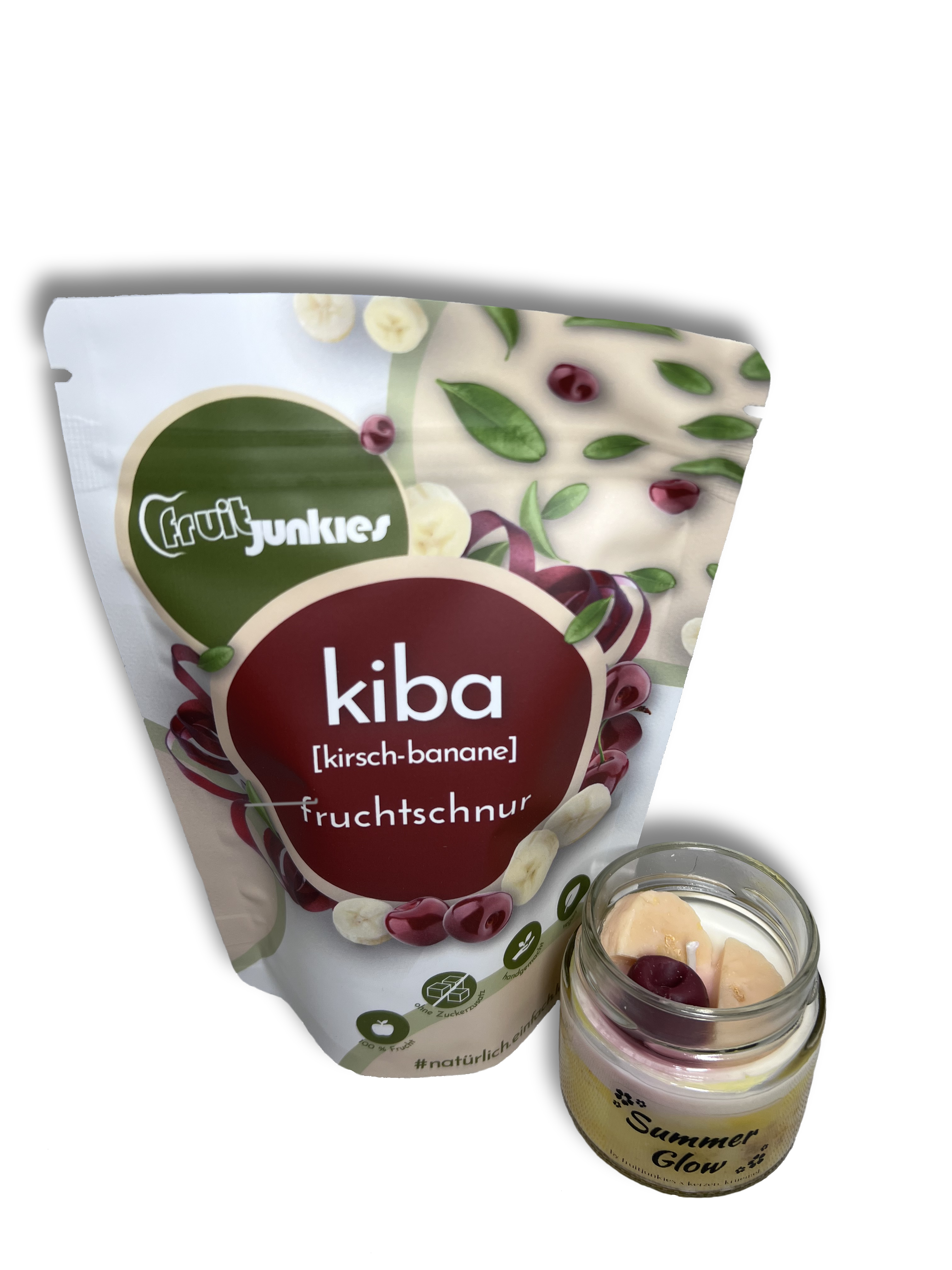 80g Fruitjunkies KiBa mit der passenden SummerGlow Kerze offen ohne Hintergrund