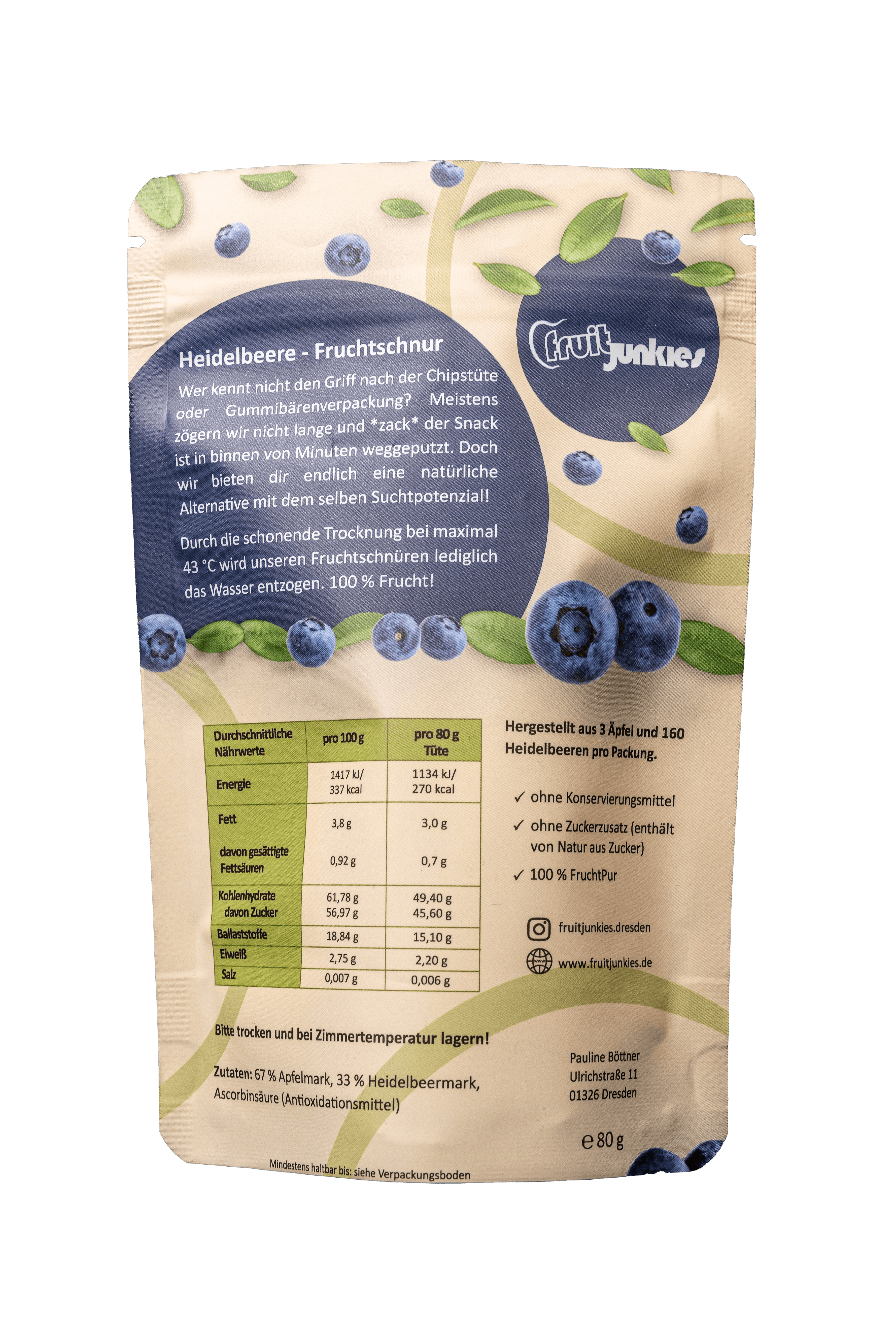 Fruchtschnur Heidelbeere 80g Tüte Rückseite
