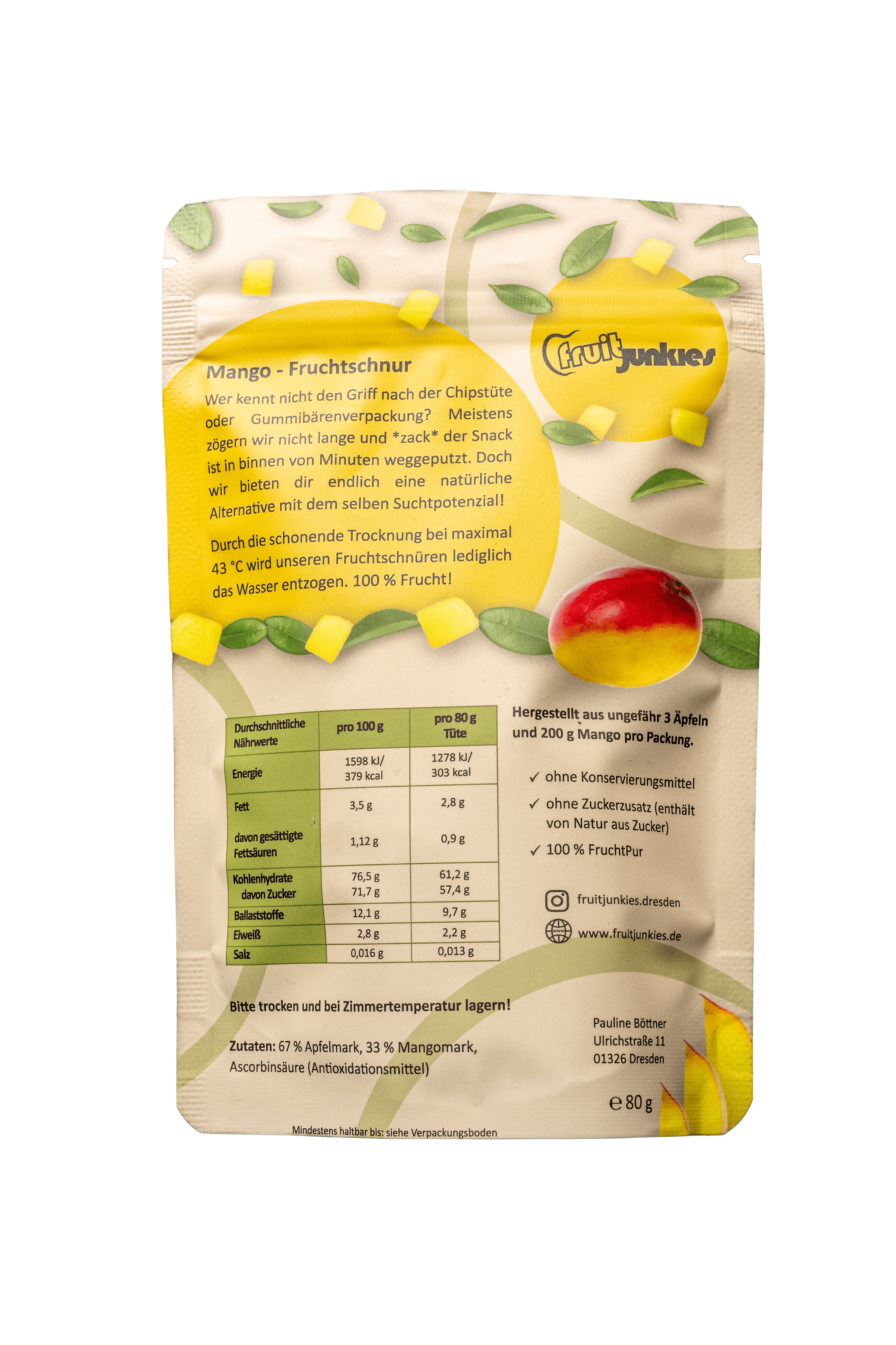 Fruchtschnur Mango 80g Tüte Rückseite
