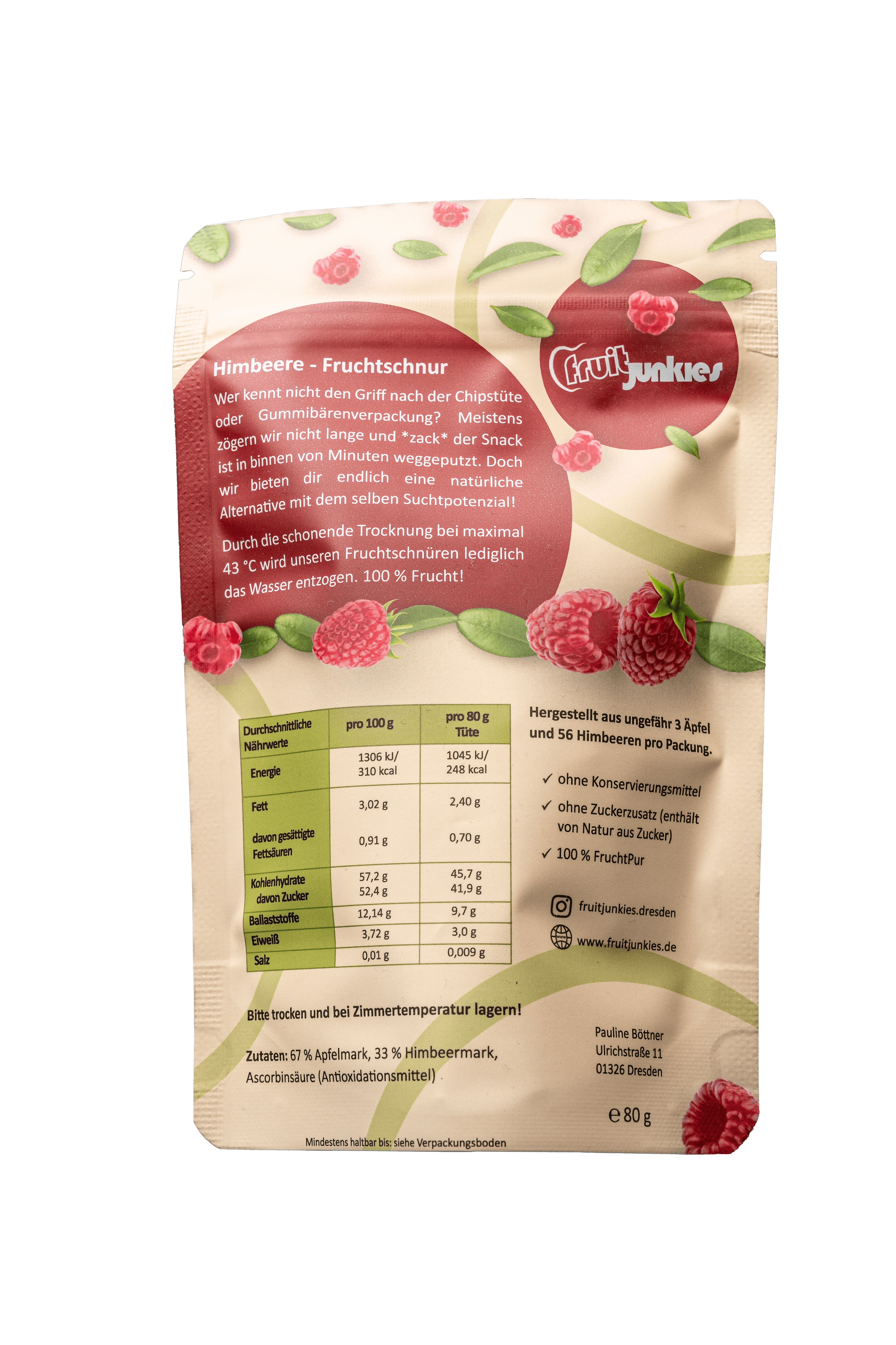 Fruchtschnur Himbeere 80g Tüte Rückseite