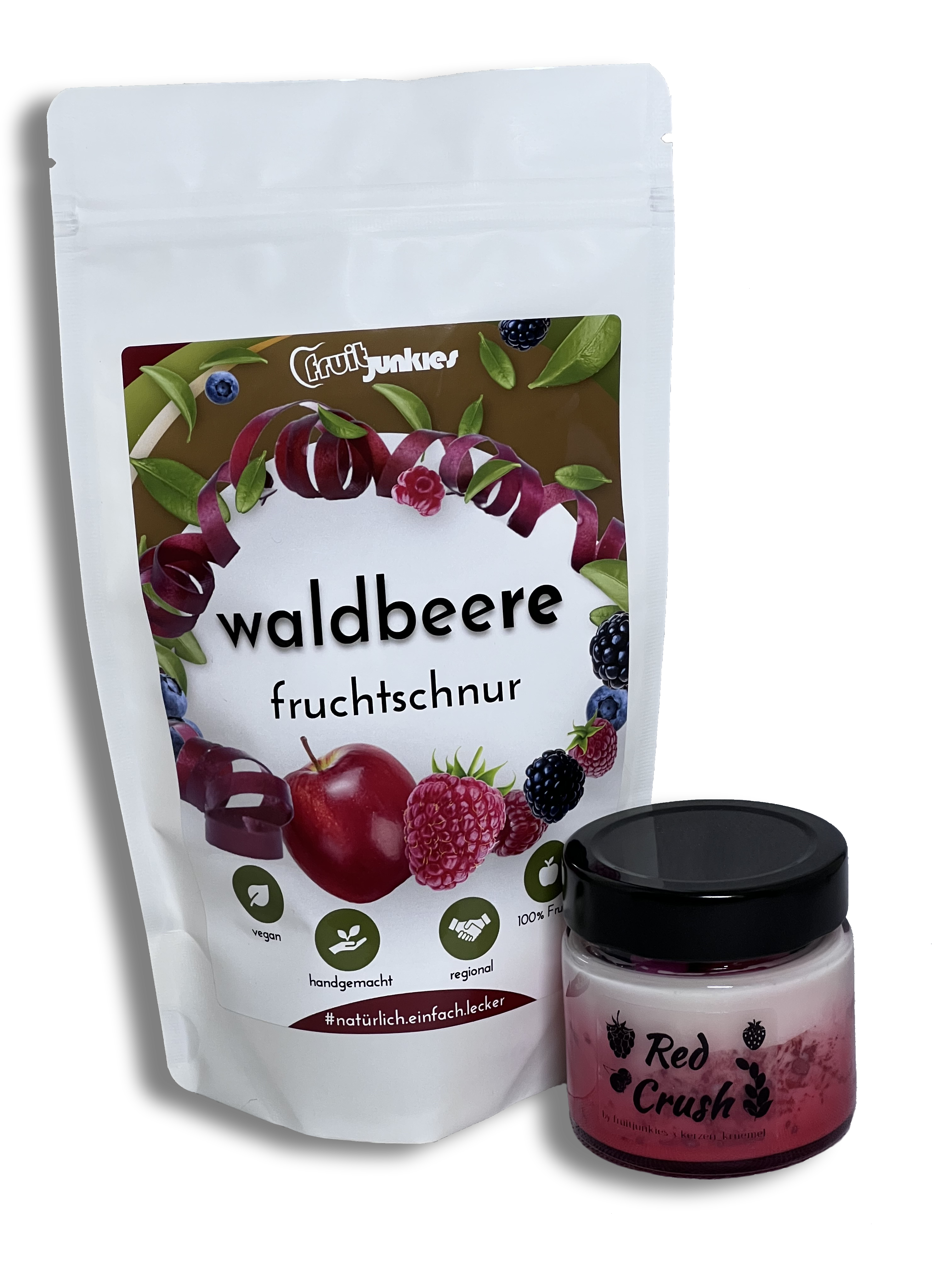 80g Fruitjunkies Waldbeere mit der passenden Red Crush Kerze ohne Hintergrund